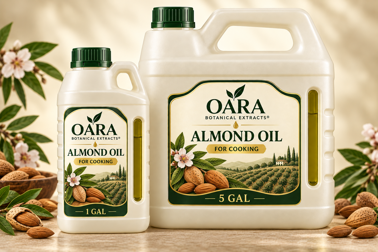 OARA almond cooking oil in one-gallon and five-gallon handled containers