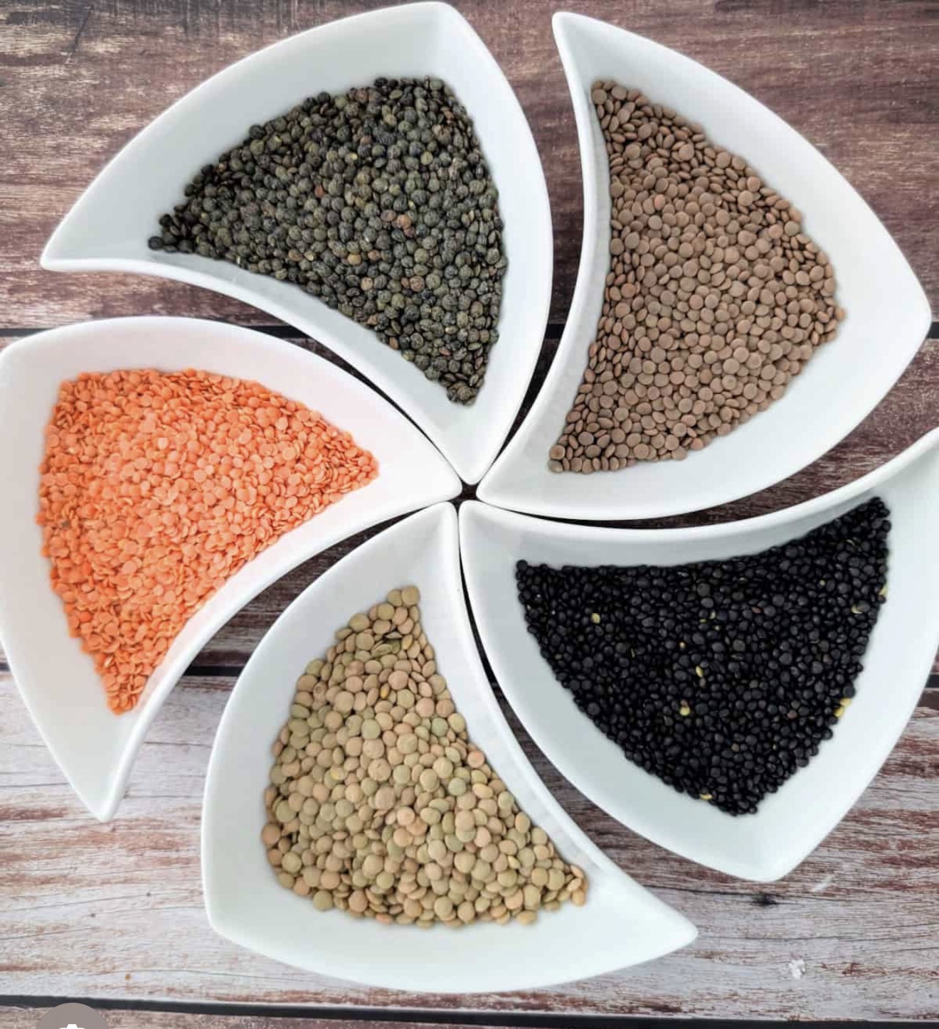 Assorted lentils in serving dishes