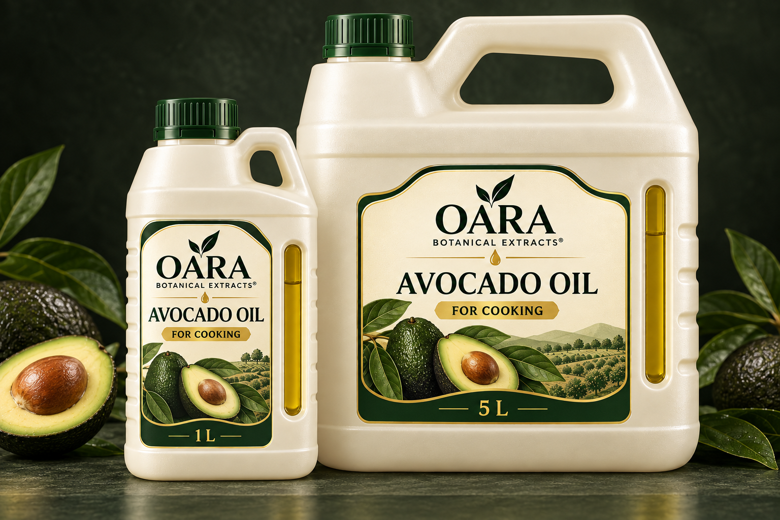 OARA avocado cooking oil in five-liter bulk and one-liter home-kitchen containers