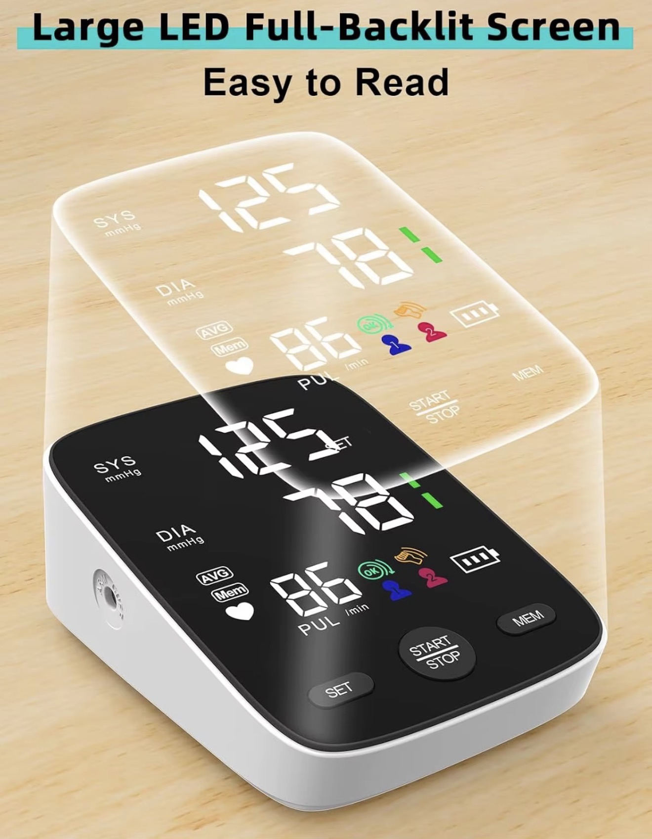 Large backlit blood pressure monitor display