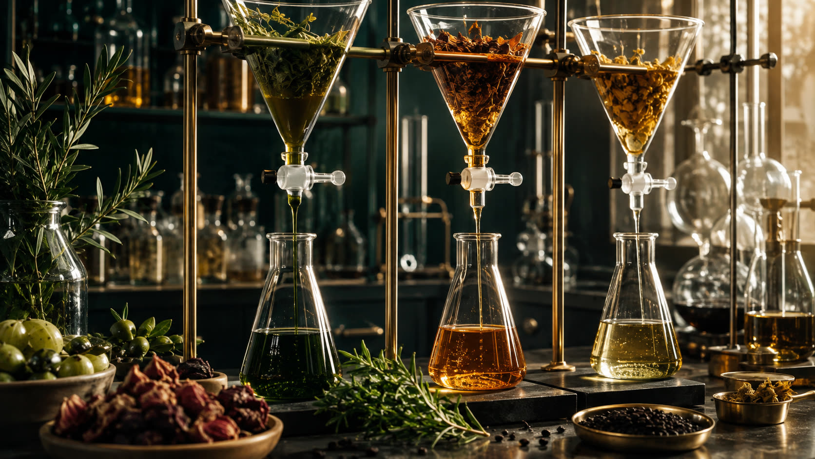 Botanical ingredients filtering through laboratory glassware into flasks
