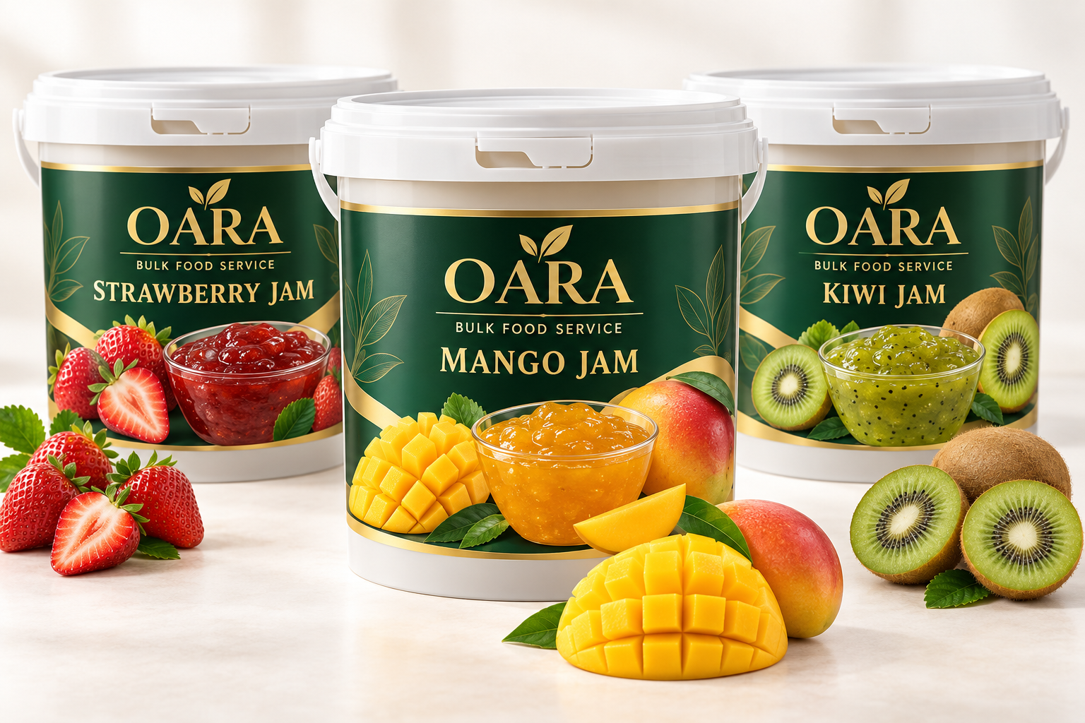 OARA bulk food-service mango strawberry and kiwi jam pails