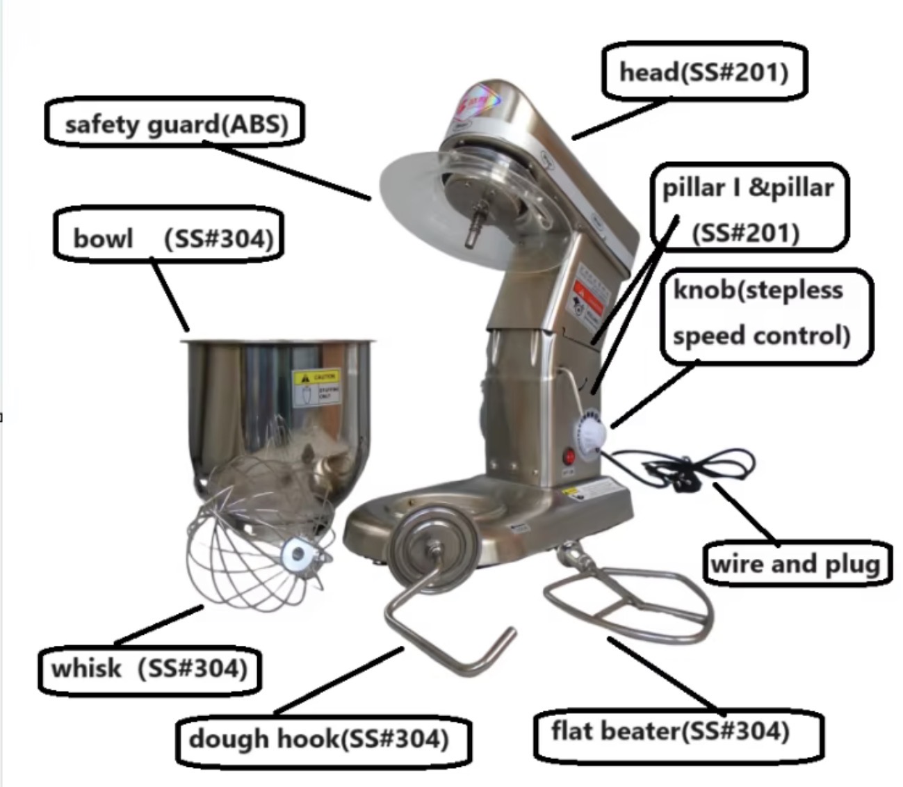 Commercial stainless-steel food mixer with attachments