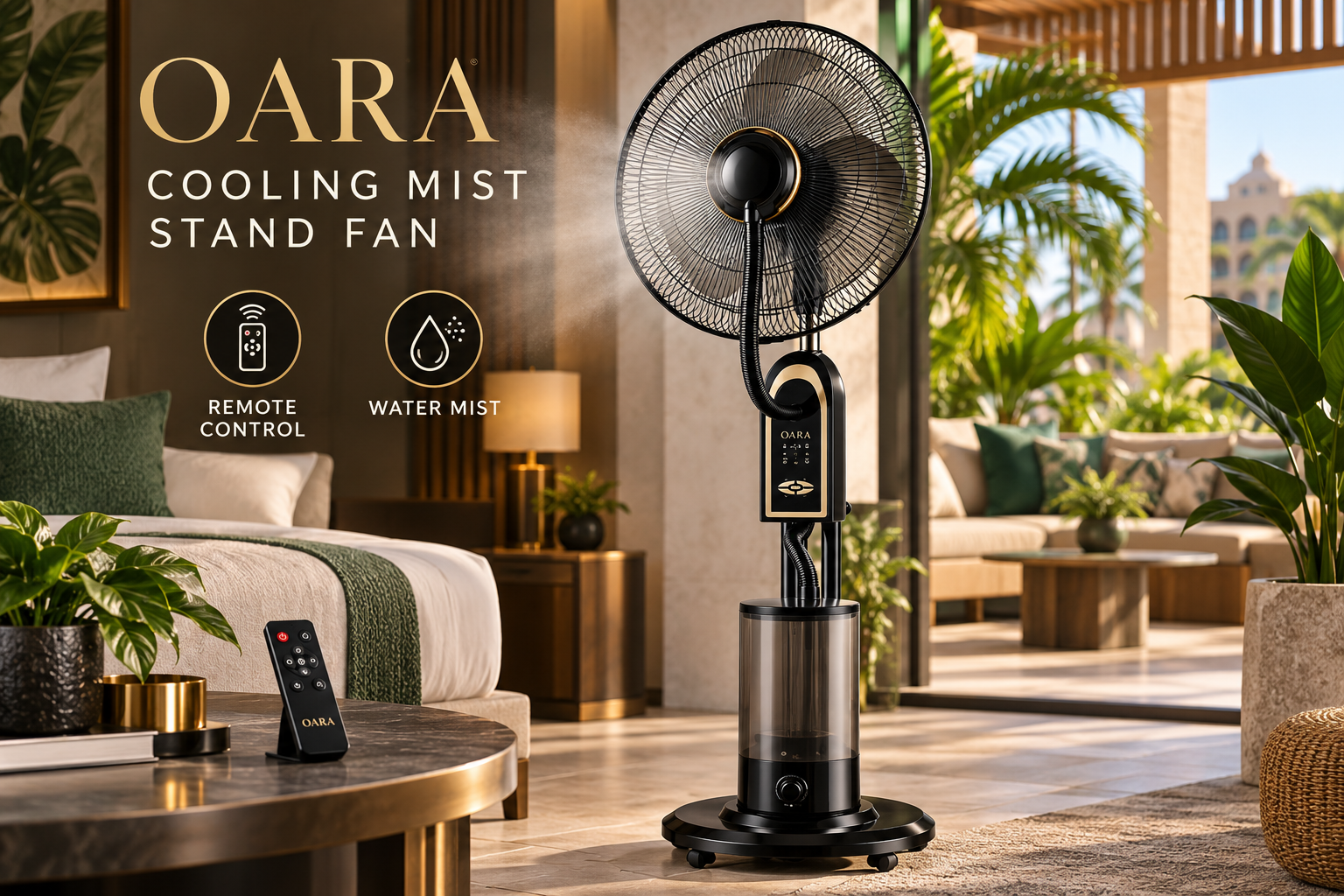 OARA cooling mist stand fan with remote control and integrated water reservoir
