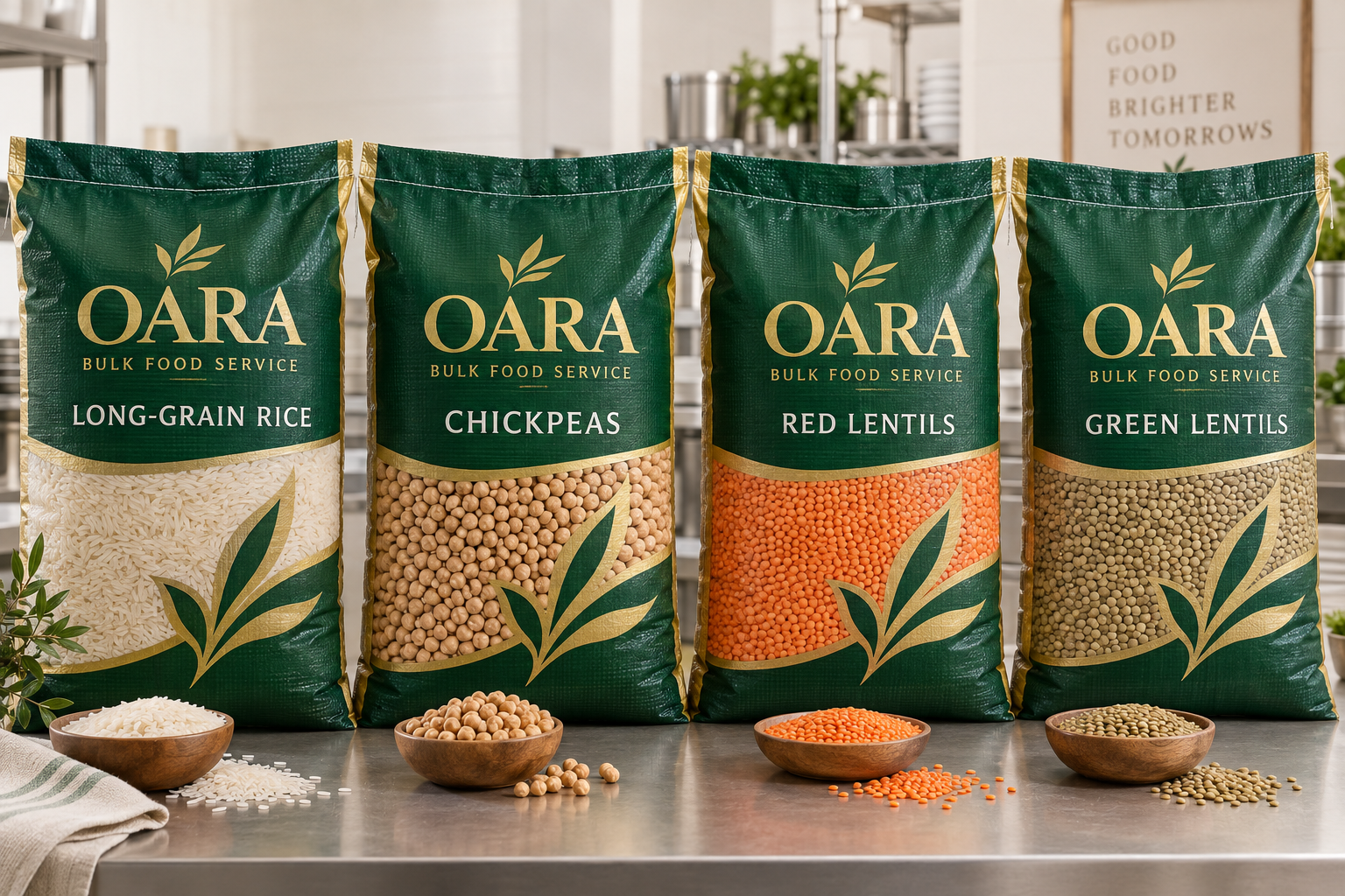 Large OARA bulk food-service bags for long-grain rice, chickpeas, red lentils, and green lentils