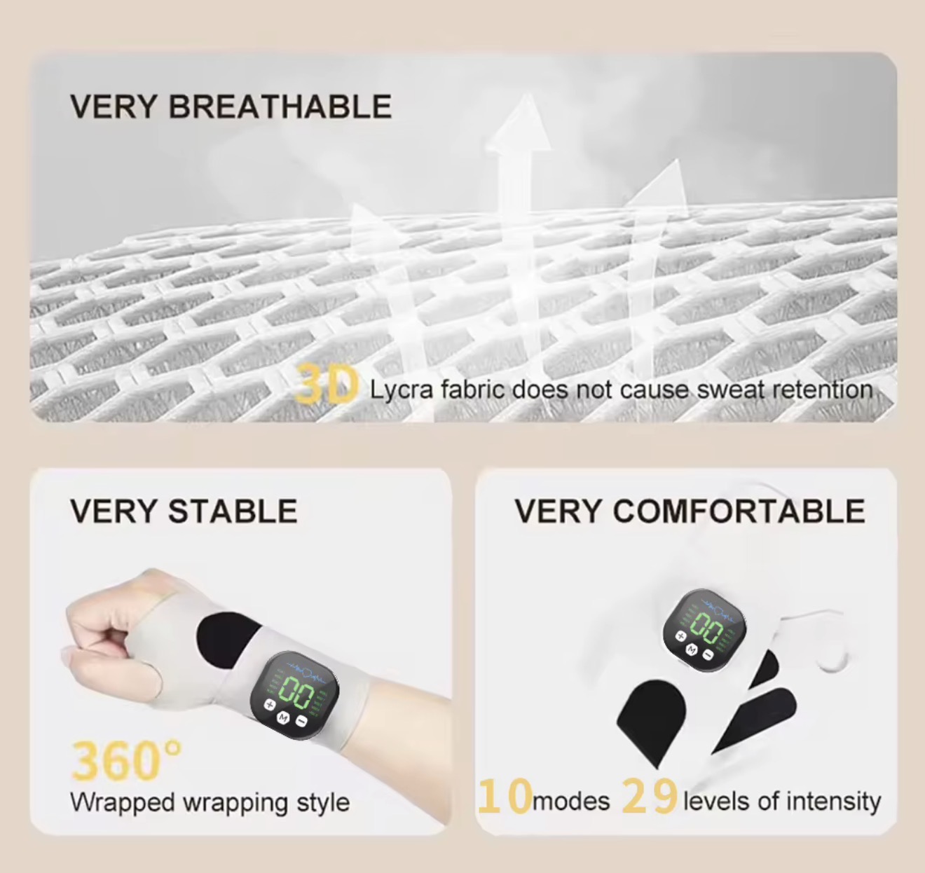 Breathable and adjustable EMS wrist wrap features