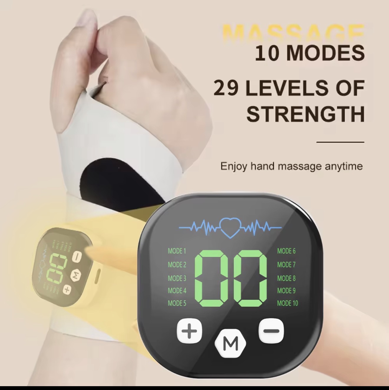 EMS wrist massager modes and intensity display