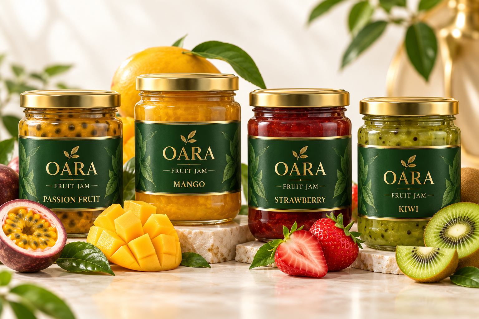 OARA premium fruit jam collection in passion fruit mango strawberry and kiwi flavors