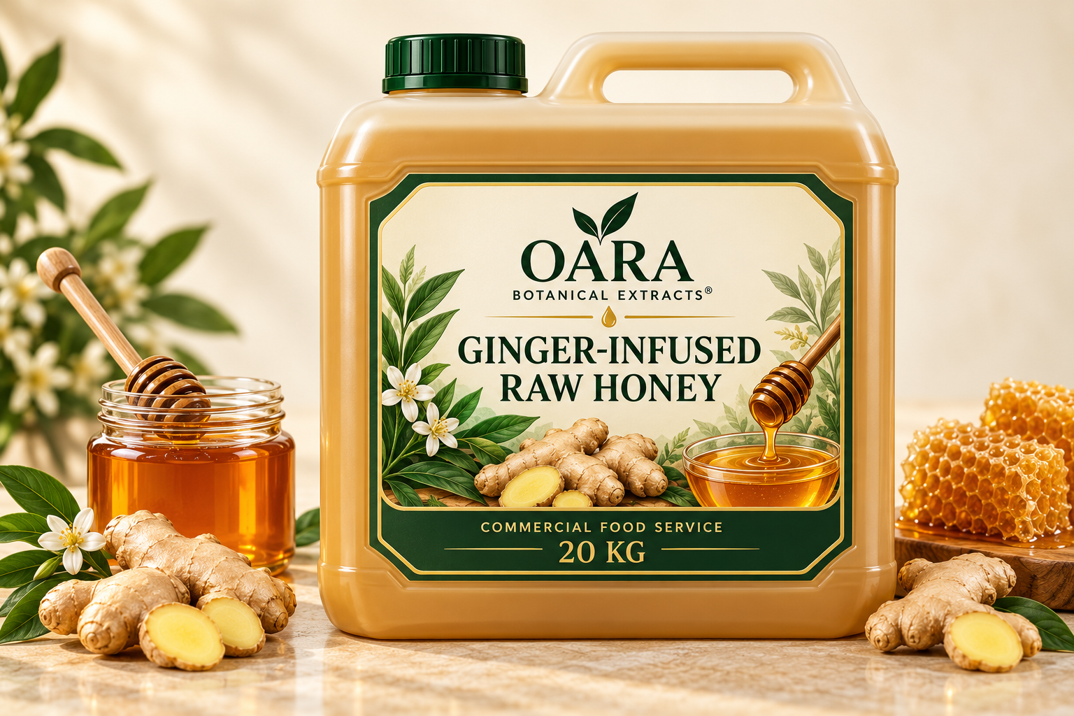 OARA ginger-infused raw honey in a twenty-kilogram commercial food-service container