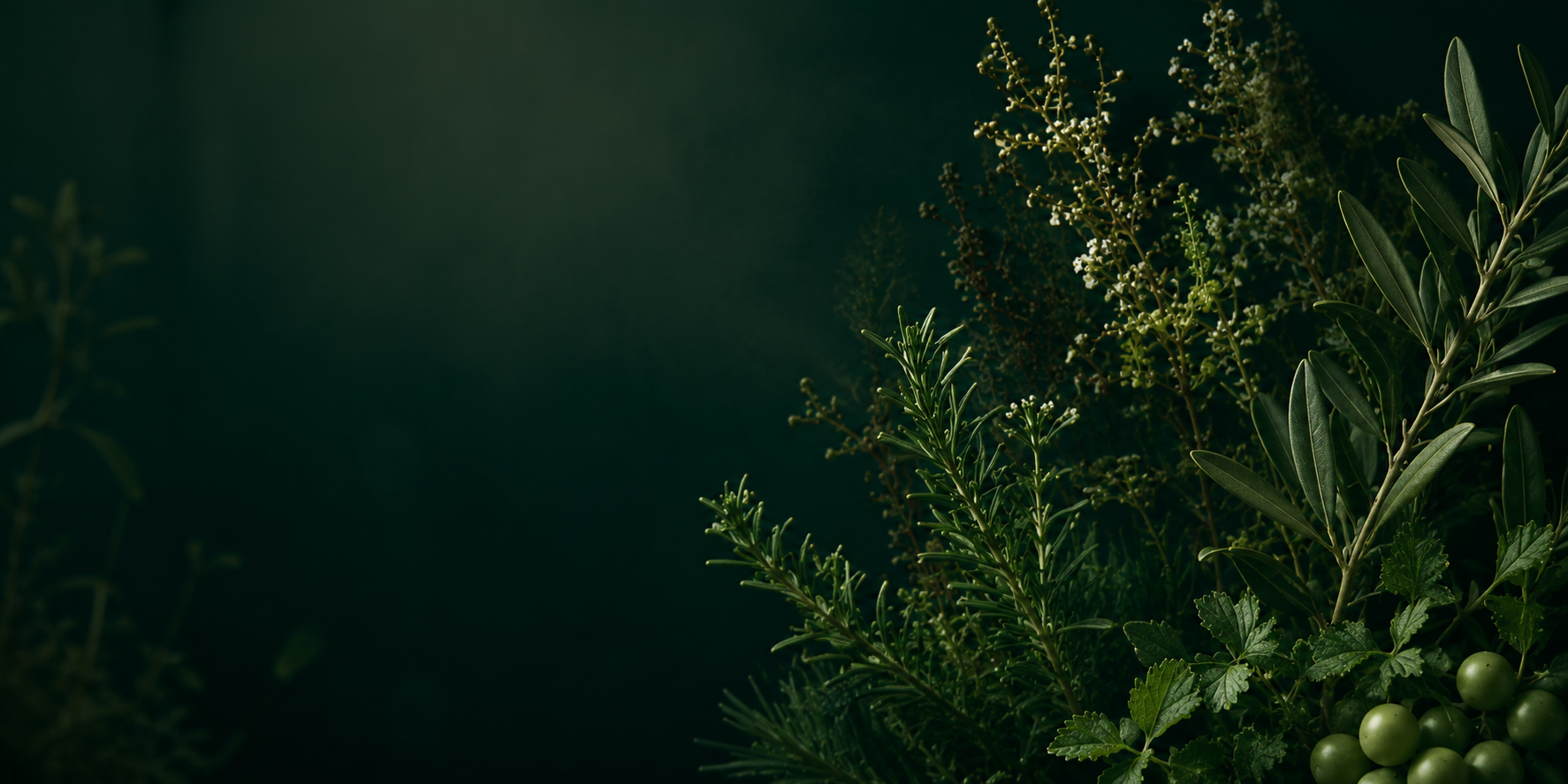Fresh botanical herbs and leaves representing OARA's nature-inspired formulas