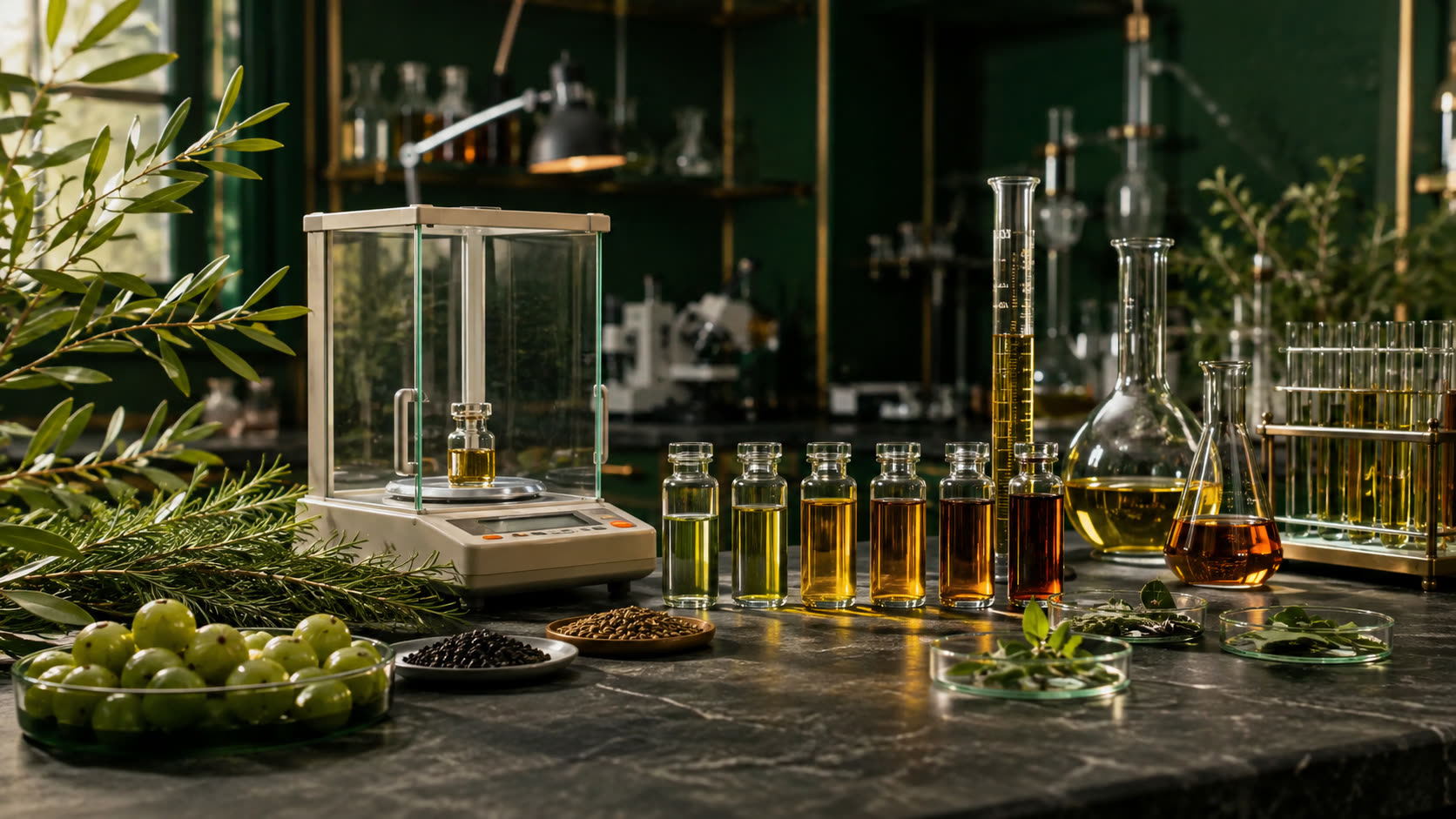 Botanical oils arranged for laboratory measurement and evaluation