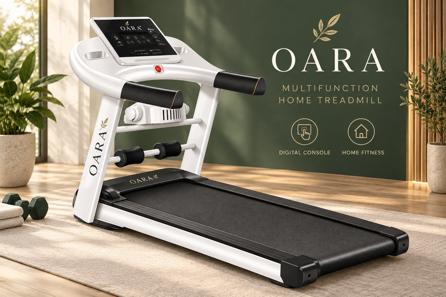 OARA multifunction home treadmill with digital console and exercise accessories