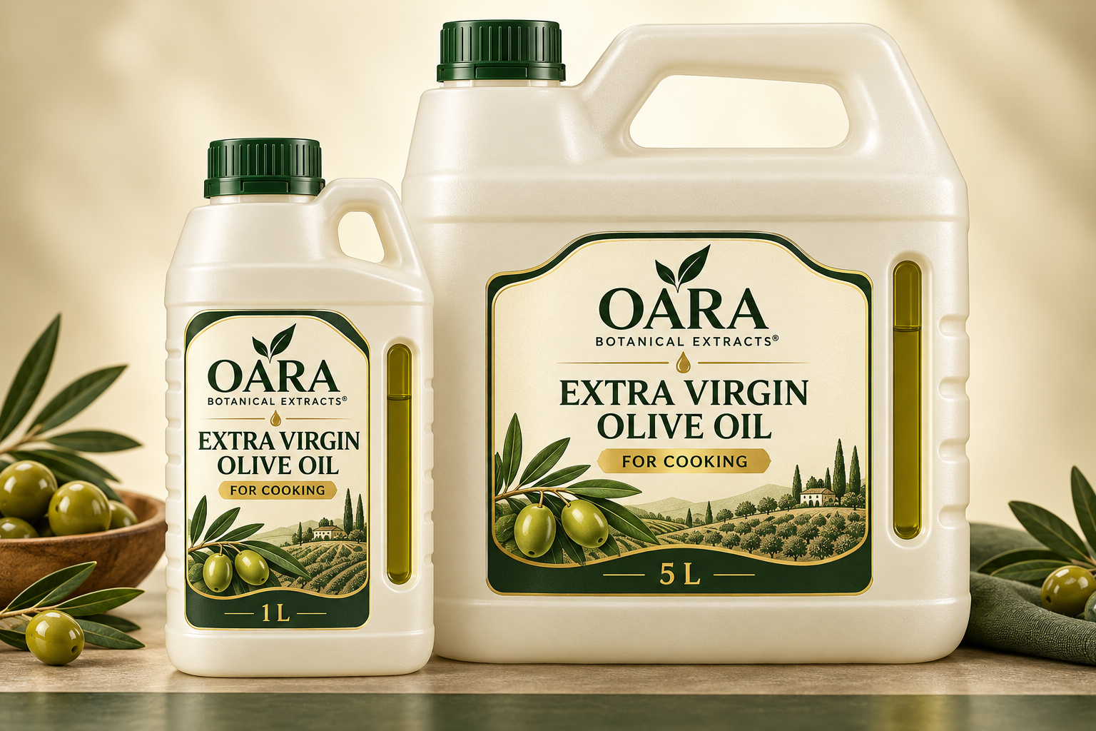 OARA extra virgin olive oil in five-liter bulk and one-liter home-kitchen containers