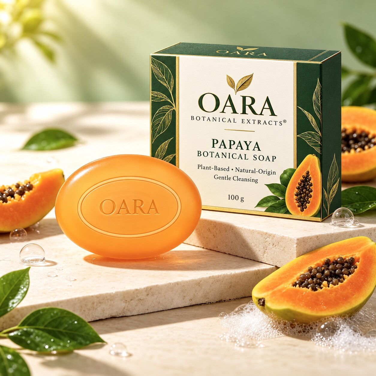 OARA Papaya Botanical Soap with papaya fruit and green leaves