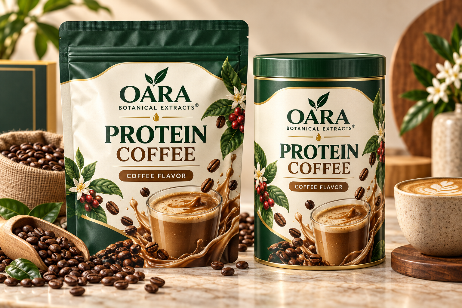 OARA protein coffee in a resealable pouch and canister