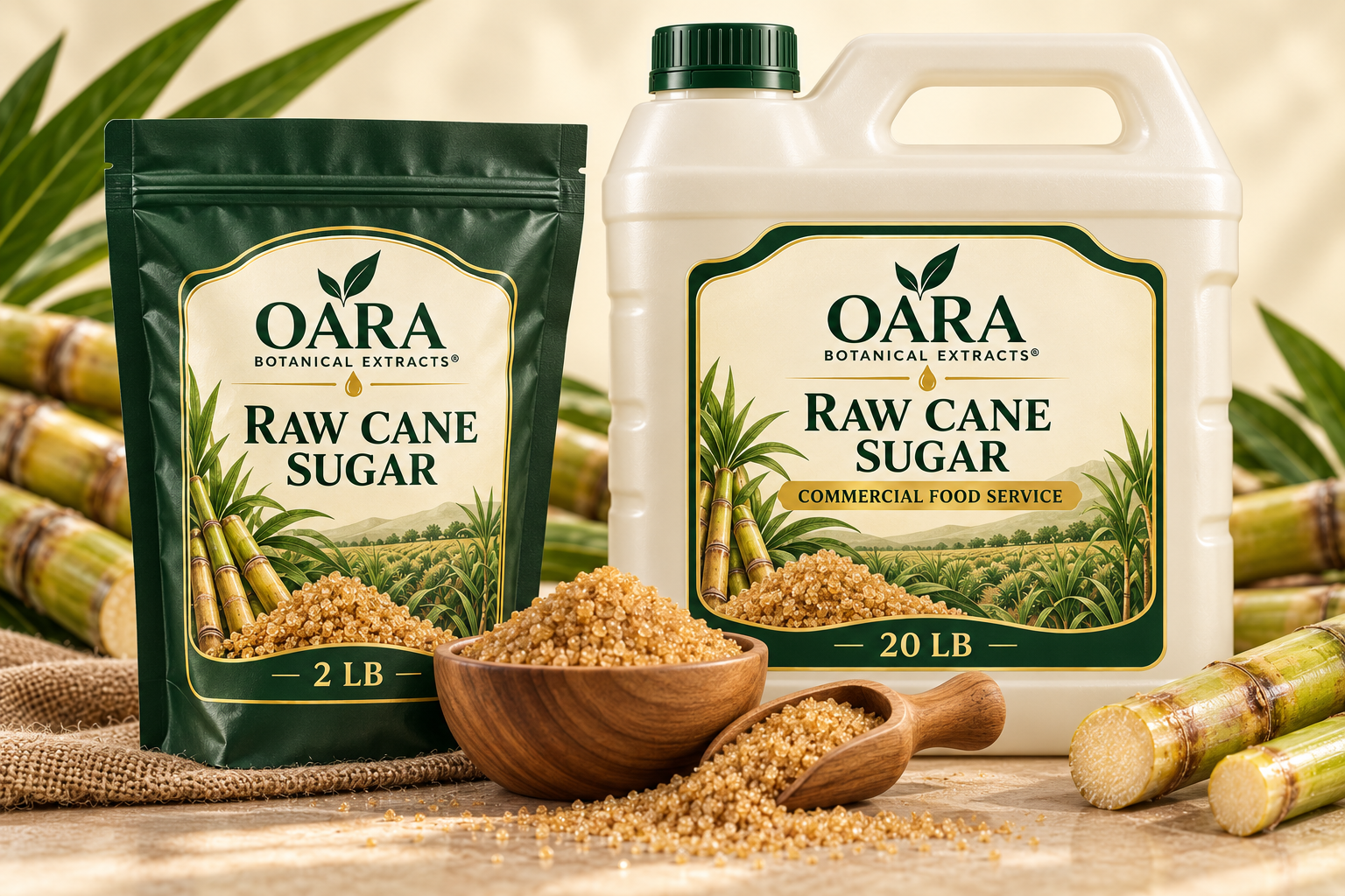 OARA raw cane sugar in a two-pound home pouch and twenty-pound commercial container