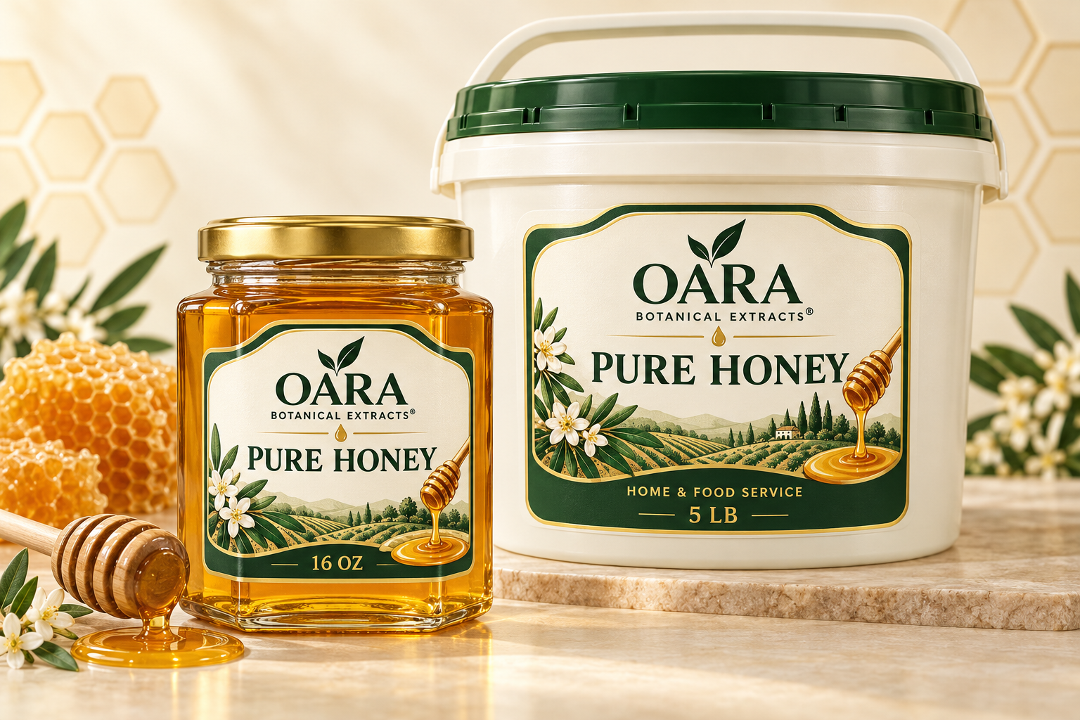 OARA raw honey in a sixteen-ounce home jar and five-pound commercial pail