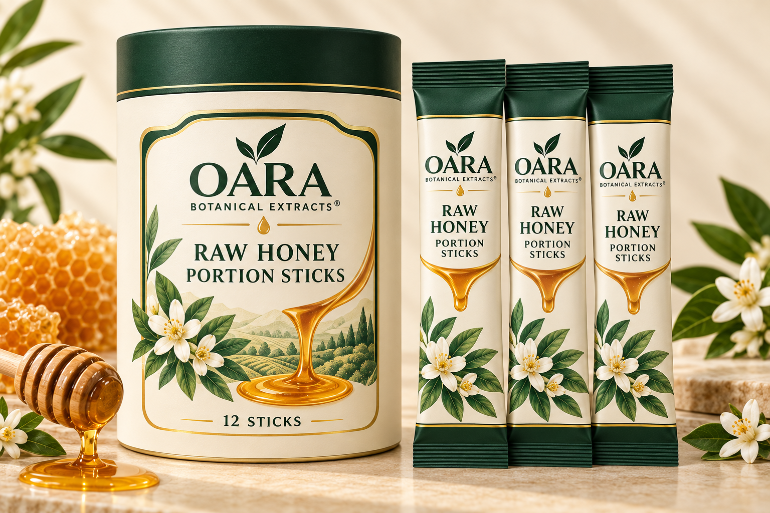 OARA raw honey in a twelve-count carton with portable portion sticks