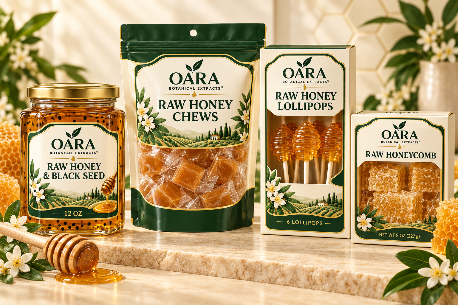 OARA raw honey and black seed, raw honey chews, raw honey lollipops, and raw honeycomb