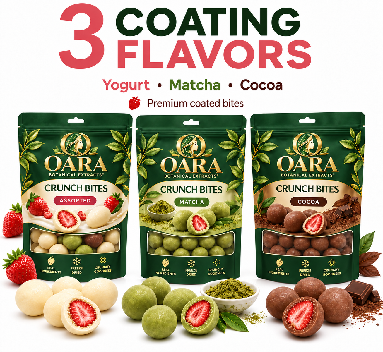OARA Crunch Bites in yogurt, matcha, and cocoa coating flavors
